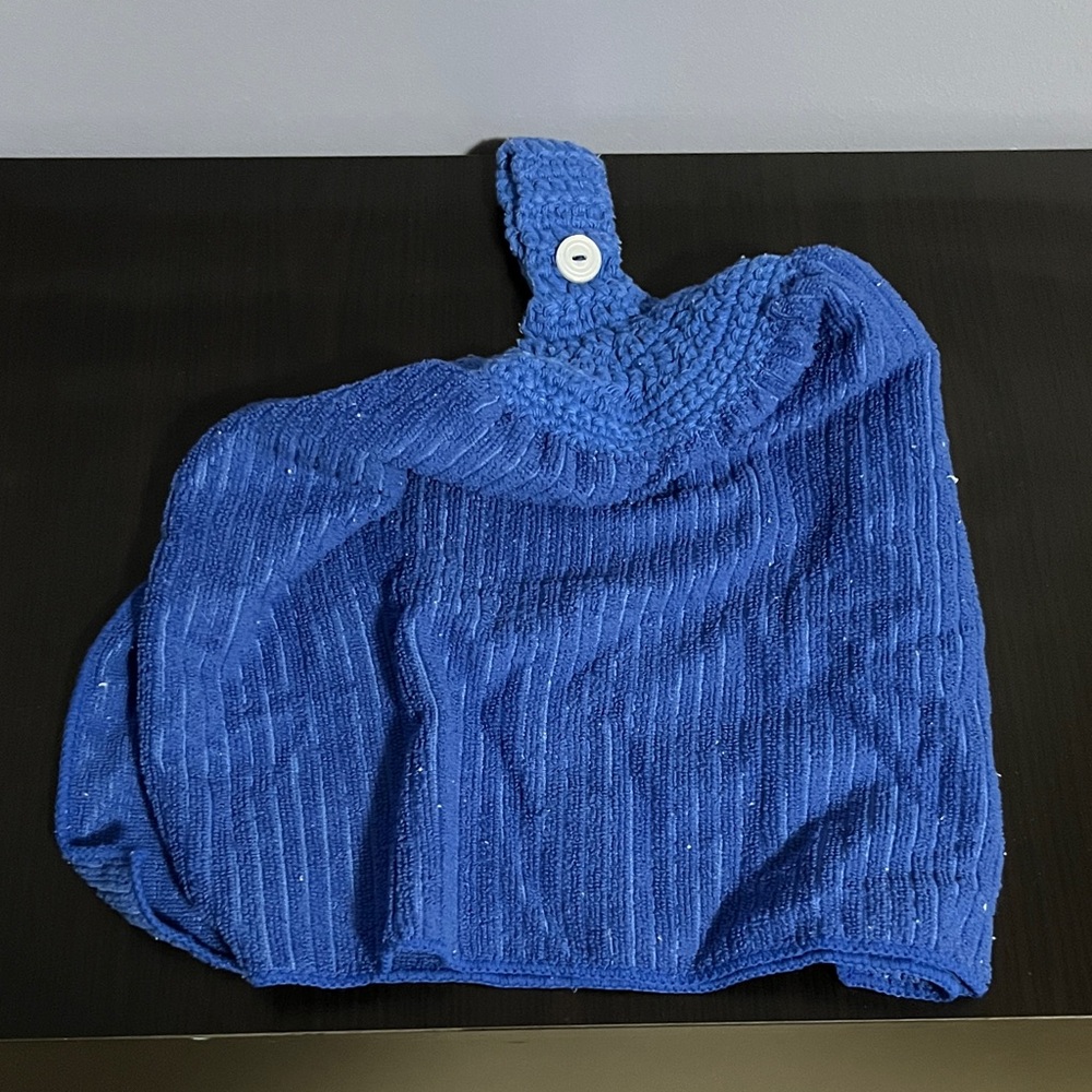 Never Used Hanging Kitchen Towel Double-Layer with Knit Top and Button Dark Blue